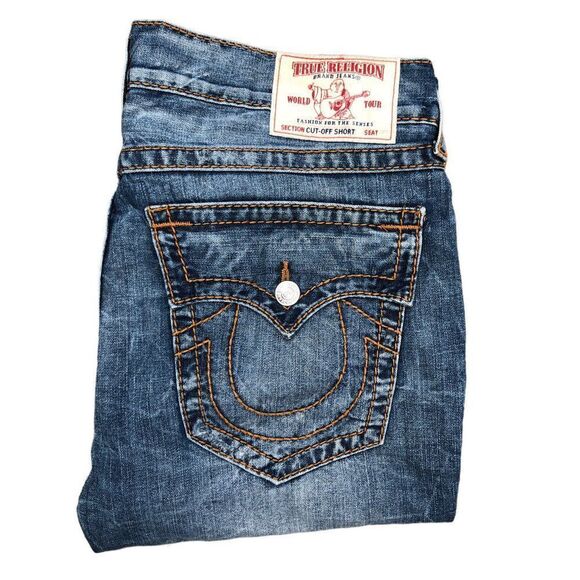 RARE True Religion Jeans Shorts Size 38 STRAIGHT BIG T Blue - Picture 4 of 8